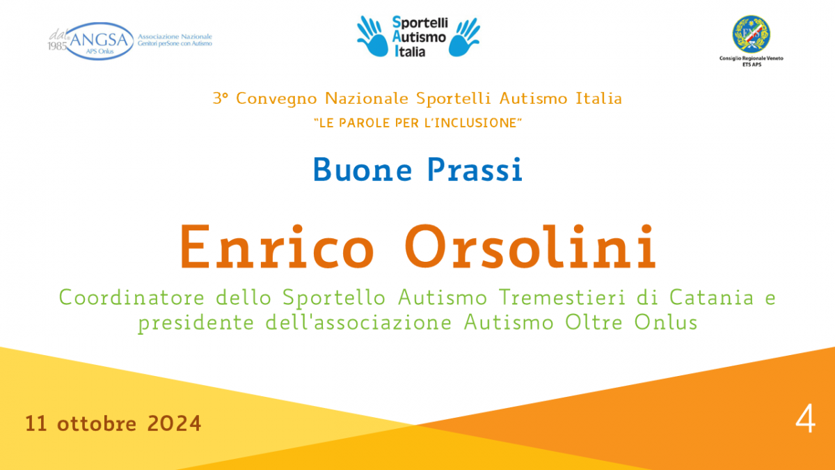 Convegno Nazionale Sportelli Autismo Italia “LE PAROLE PER L’INCLUSIONE” - 11.10.2024 Orsolini  Coordinatore dello Sportello Autismo Tremestieri di Catania e presidente dell'associazione Autismo Oltre Onlus  TITOLO: Buone Prassi Una Rubrica Telematica come occasione di dialogo su adultità e progetto di vita